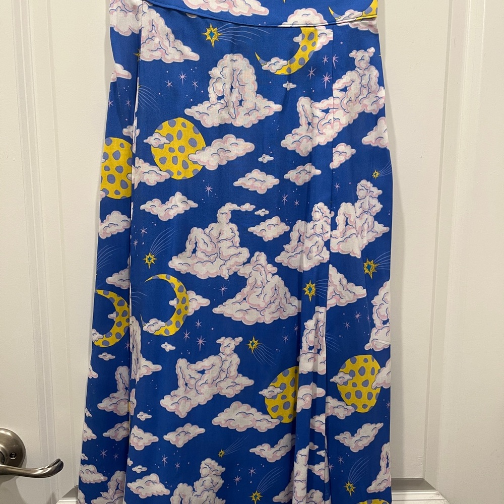 Nooworks Blue and Yellow Celestial Cloud People Midi Slip Skirt